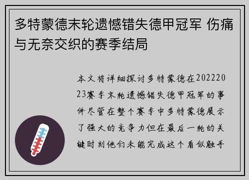 多特蒙德末轮遗憾错失德甲冠军 伤痛与无奈交织的赛季结局